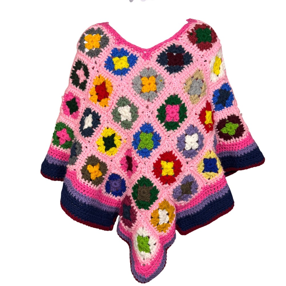 Vintage Handmade‎ Crochet Granny Square Poncho Pink Multi Boho Patchwork Wrap